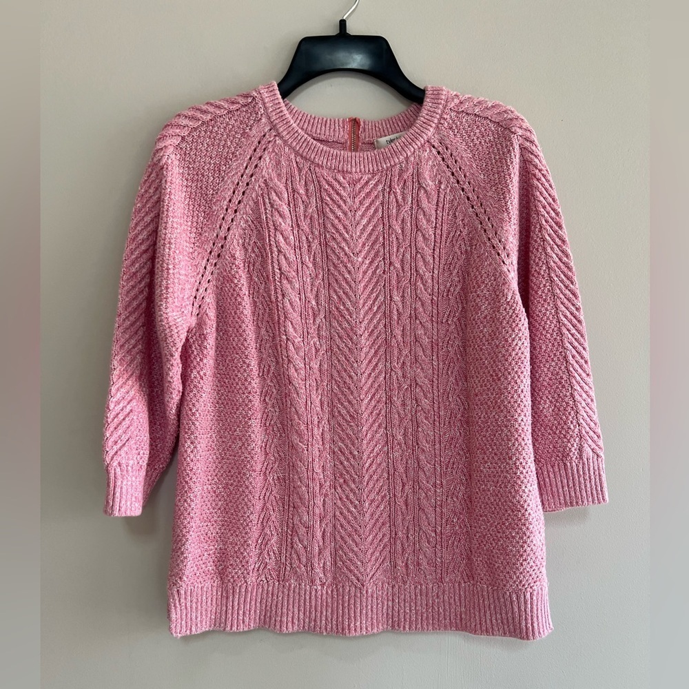 Tyler Boe 100% Cotton 3/4 Sleeve Cable Knit Sweater w/ Full Back Zipper, Pink, L